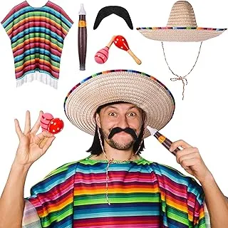 Mexican Party Costume Set Includes Mexican Fiesta Serape Poncho Sombrero Hat Fake Mustache Colorful Maracas Stick Prop