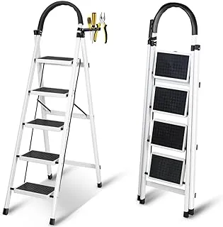 SKY-TOUCH Foldable Ladder 5 Steps, Home Ladder Folding Step Stool with Wide Anti-Slip Pedal, Adults Folding Sturdy Steel Ladder for Home,Kitchen, Garden, Office