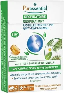 Puressentiel Bio Respiratory Mint-Pine Lozenges | 100% Natural Origin Active Ingredients | Refreshing Taste | Soothes the Throat and Tired Vocal Cords | 12yrs and Above | Food Supplement | 20 Count