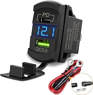 Nilight Rocker Switch Style USB Charger LED Voltmeter Quick Charge 12V PD Type C and USB QC 3.0 Car Charger Replacement with Inline Fuse for Rocker Switch Panel on Boats RV Truck Car, 2 Years Warranty