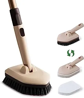 Eyliden Tub Tile Scrubber Brush with Long Handle, 2 in 1 Tub Cleaner Brush - 2 Scouring Pads & 1 Stiff Bristles Brush Head - No Scratch Scrubber Brushes for Bathroom Kitchen Toilet Wall Tub Tile Sink