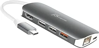 j5create محول USB-C إلى متعدد المنافذ، مخرج فيديو HDMI 4K، HDMI/Ethernet/USB 3.1 Gen1، SD وMicroSD/PD 3.1، محور 8 منافذ مع 9 وظائف - JCD384