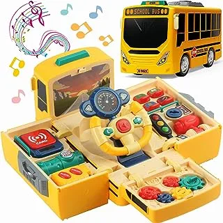 School Bus Toy with Sound and Light, Simulation Steering Wheel Gear Toy, Toddler School Bus Toy with Music Education Knowledge Simulation Driving Bus Toy, Gift for 3-5 Boys & Girls