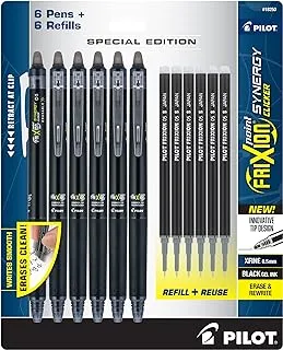 PILOT Frixion Synergy Clicker Erasable Pens, Retractable and Refillable, 0.5mm Extra Fine Point, 6 Pack of Black Ink Pens + 6 Refills