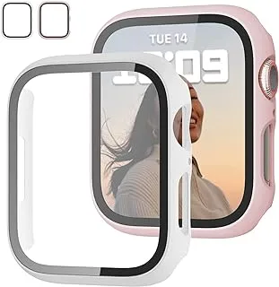 AWH 2 Pack Case with Tempered Glass Screen Protector for Apple Watch Series 7 41/45mm, Slim Bumper, Hard PC Protective Cover Ultra-Thin Cover for iWatch 41/45mm, (45 mm, Pink+White)