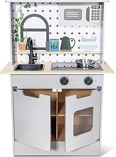 Hape Light and Sound Kitchen Playset | Stainless Steel Accessories with Sound Making Microwave Oven and Sink | Toddler Cooking Pretend Play Wooden Kitchen | Role Play Toy Set for Kids