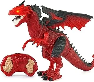 ECVV Fire Dinosaur Dragon Planet Remote Control R/C Walking Dinosaur Toy With Breathing Smoke, Shaking Head, Light Up Eyes And Sounds | RED DRAGON |