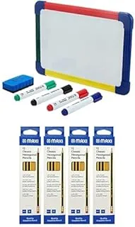 Maxi 2 Sided Dry Wipe Whiteboard A4 20X30Cm,4Pc Markers,Dry Wipe Eraser + Pencil Hb With Rubber Tip 48Pc Black