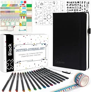 Feela Bullet Dotted Journal Kit, A5 Dotted Bullet Grid Journal Set with 224 Pages Black Notebook,Fineliner Pens,Reusable Stencils,Sticker Sheets,Washi Tape,Black Pen for Diary,Schedule Plan,Drawing