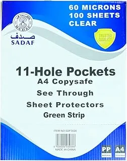 Sadaf 60 Microns Top Loading Page Paper Protector File Pockets Sleeves with Green Strip 100 Sheets, A4 Size, Clear