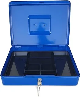 Maxi Large Cash Box (14.5 Inch 370x280x90mm) Steel Register with Tray and Lock Durable Portable Money Box Safe for Bills Jewelry Receipts Coins Blue