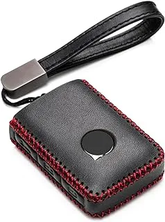 Vitodeco Genuine Leather Smart Key Fob Case Cover Protector with Leather Key Chain for 2019-2021 Volvo XC60, XC90, S90, V90 (4-Button, Black/Red)