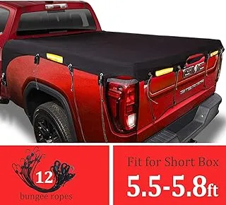 Softclub Upgraded Truck Bed Tarp Cover for Short Box（5.8’ Box） Fit for Ford F150 GMC Silverado/Sierra Ram, Waterproof Heavy Duty 600D Oxford Fabric, Pickup Truck Bed Covers with Bungee Webbings-Black