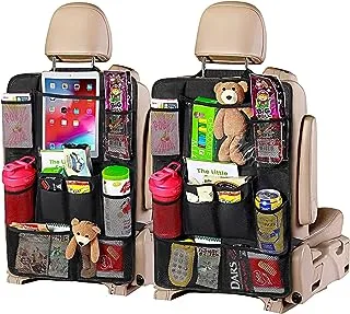 JUSTTOP Black Car Backseat Organizer with Touch Screen Tablet Holder, 9 Storage Pockets Kick Mats Car Seat Back Protectors for Kids Toddlers, Car Travel Accessories, 2 pack