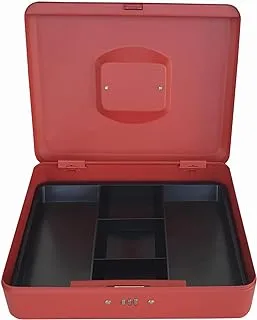 Maxi Large Cash Box with number lock (12 Inch 300x240x90mm) Steel Register with Tray and Lock Durable Portable Money Box Safe for Bills Jewelry Receipts Coins Matt Red