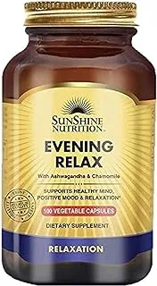 Sunshine Nutrition Evening Relax with Ashwagandha & Chamomile, Supports Healthy Mind, Positive Mood & Relaxation, 100 Vegetable Capsules