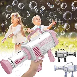 Rocket Bubble Gun - 64-Hole Bubble Gun with Lights, Bubble Machine with 2 Bottles Solution and 2 Rechargeable Batteries, Bubble Makers Summer Toys for 3+ Ages Kids/Adults, Bubble Blower Toys - Pink