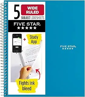 Five Star Spiral Notebook, 5 Subject, Wide Ruled Paper, Fights Ink Bleed, Water Resistant Cover, 8