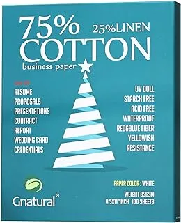 75% قطن، 25% ورق كتان، ورق طباعة نافثة للحبر 85 جرامًا للمتر المربع، ورق استئناف أبيض اللون مقاس 8.5 بوصة × 11 بوصة، 100 ورقة لن تتعرض لورق قطني مبلل