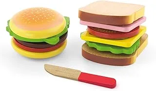 Viga Wooden Hamburger & Sandwich Set - Childrens Pretend Play Food Kitchen Toy