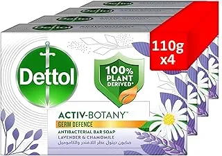 Dettol Activ-Botany Antibacterial Bar Soap, Lavender & Chamomile Fragrance, 100% Plant-Derived Ingredients, 110g, Pack of 4