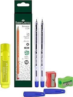 Faber-Castell Bonanza Black lead/Graphite pencil 12pcs Box + Super fluorescent highlighter yellow + Single hole sharpener 2pc + Ball pen 0.7mm blue 2pcs