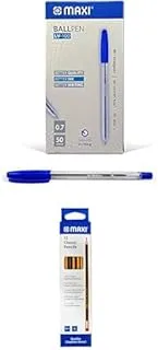 Maxi Ball Pont Pen 0.7mm 50Pc Blue Ink + Pencil HB with rubber tip 12 pc Black