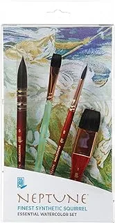 PRINCETON ARTIST BRUSH CO. Neptune Fine Art Watercolours Brushes Essential Set, Synthetic Squirrel, 4 Piece Brush Set, Short Handle, Ideal for Professionals & Students