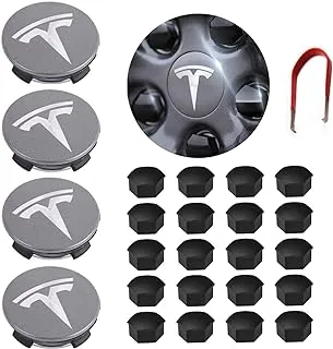 Tesla Model 3 Wheel Center Hub Cap Kit, Y, S & X Wheel Cap Kit Center Cap Lug Nut Covers (4 Hub Center Caps + 20 Wheel Lug Nut Covers) Grey&Silver Tesla Accessories