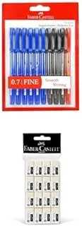 Faber-Castell tri flow ball pen 10pc assorted (6 blue + 3 black + 1 red) + ERASER SMALL POLY BAG OF 16PC