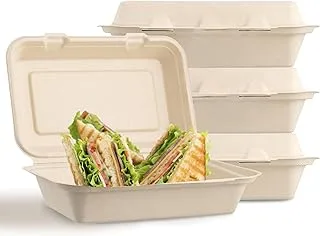 15 Pack Compostable Flip Top Takeaway Food Containers [23x15x8cm 15Pack] Heavy Duty Single Compartment Clamshell Takeout Box, Made From Biodegradable Sugarcane Bagasse, Ecofriendly - Pack Of 15