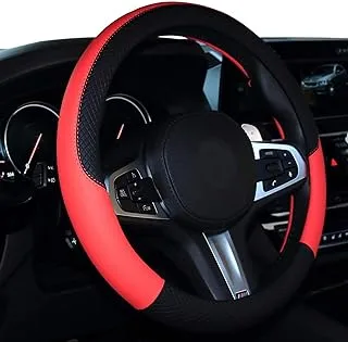 Sulfar Car Steering Wheel Cover, Leather, Universal 15 Inch Fit, Anti-Slip & Odor-Free (Black & Bright Red)