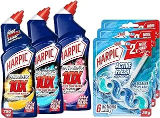 Harpic Power Plus Toilet Cleaner(Citrus + Fresh + Floral Fragrance) + Harpic Active Fresh Toilet Block, Marine Splash - 35 g (Pack of 3)