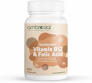 Ambrosial Vitamin B12 1000 mcg + 500 mcg Folic Acid | 1500 mcg | Folic Acid | Reduction of Tiredness & Fatigue | B12 Supplement | Immune System, Energy & Brain Support (Pack of 1-120 Capsules)