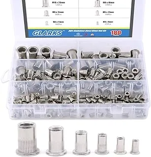 Glarks 180Pcs 304 Stainless Steel Flat Head Threaded Rivetnut Insert Nutsert Rivet Nut Assortment Kit - M3 M4 M5 M6 M8 M10