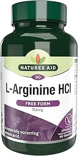 Natures Aid L-Arginine Hci 750Mg | With Naturally Occurring Amino Acid | Helps Increases Muscle Strength | Suitable For Vegetarians | Food Supplement | 90 Tablets