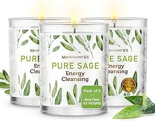 Magnificent 101 Pure Sage Smudge Candles - Set of 3 for House Energy Cleansing, Aromatherapy, Meditation, Manifestation, and Banishing Negative Energy | 3.5 oz each Natural Soy Wax | 42-Hour Burn Time