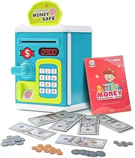 لعبة بنك المال ATM من Babyee Kids للفتيات والفتيان، هدية عيد ميلاد للأطفال - العملات المعدنية، مجموعة الملاحظات، آلة توفير المال مع نظام قفل وموسيقى