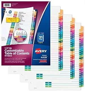 Avery 1-31 Tab Dividers for 3 Ring Binders, Customizable Table of Contents, Multicolor Tabs, 3 Sets (44129)