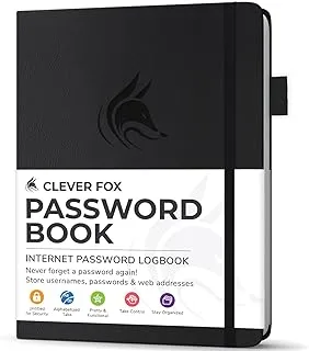 Clever Fox Password Book with tabs. Internet Address and Password Organizer Logbook with alphabetical tabs. Small Pocket Size Password Keeper Journal Notebook for Computer & Website Logins (Black)