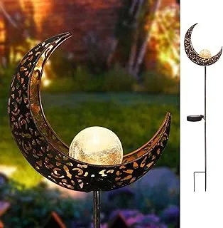 HOMEIMPRO Moon Solar Lights حصص الحديقة الخارجية، مصابيح زخرفية معدنية من الزجاج المشقق المقاوم للماء للممر، الحديقة، الفناء أو الفناء، هدية عيد ميلاد، هدية عيد الأب في عيد الأم (برونزية)