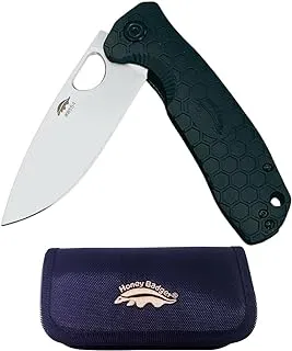 Honey Badger D2 Flipper Stonewashed Knife with Zipper Pouch, Large, Black