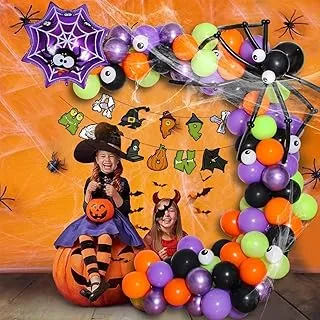 Halloween Balloons Arch Decorations, Scary Party Decorations Set, Including Halloween Balloons, Hanging Banner, Eyeball, Alien Spider Web and Party Favor Supplies, for Festival Theme Party 112 Pcs…