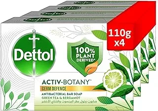 Dettol Activ-Botany Antibacterial Bar Soap, Green Tea & Bergamot Fragrance, 100% Plant-Derived Ingredients, 110g, pack of 4