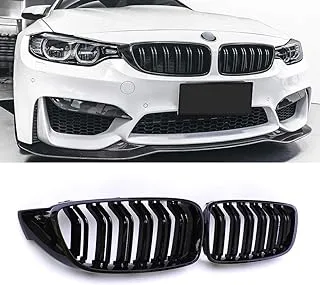 SNA F32 Kidney Grill Fit for BMW 4 Series F32 F33 F36 (2014-2019) F82 M4 F80 M3 (2015-2019) (Black Double Slats ABS Grille, 2-pc Set)