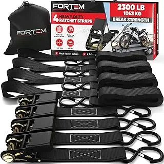 FORTEM Ratchet Straps, 2300lb Break Strength, 4 15ft Tie Down Strap Set, 4 Soft Loops, Motorcycle Straps Tie Downs, Cargo Straps for Trucks, Rubber Handles, S-Clips, Coated Metal Hooks, (Black)