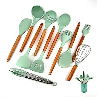 Silicone Cooking Utensils set with wooden handles Kitchen Utensils set with wooden Handles and holder Heat Resistant silicone Spoon Spatula Brush Tongs Whisk nonstick cookware (Light Green)