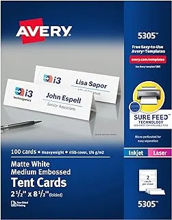 AVERY Printable Tent Cards, Laser & Inkjet Printers, 100 Cards, 2.5 x 8.5 (5305), White (05305)