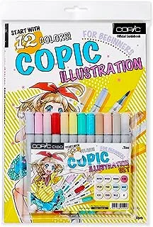 Copic Ciao Illustration Book Bundle Set, Alcohol-Based Markers (12 pcs) with an Instruction Book