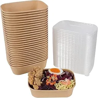 Disposable Kraft paper bowls with lids [ 500 ML/17 Oz], Rectangle Shape Sturdy Food Containers with Covers Party Supplies Treat Bowls for Noodles, Poke Bowl, Salad, Soup, Snack, BBQ (Pack Of 12)